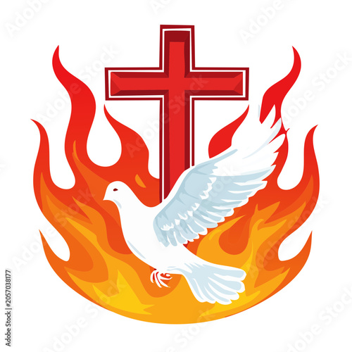 Christian symbol of dove, cross and flames