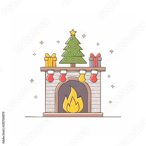 Christmas fireplace with tree, gifts, and stockings