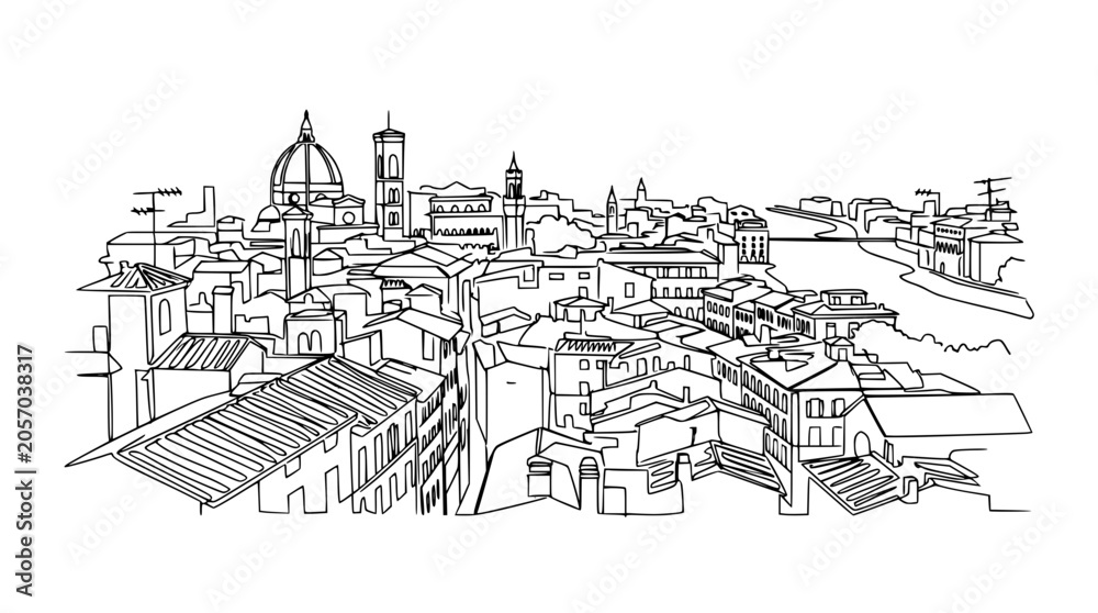 Obraz premium Florence skyline sketch, Duomo and Ponte Vecchio line drawing, Tuscany cityscape.