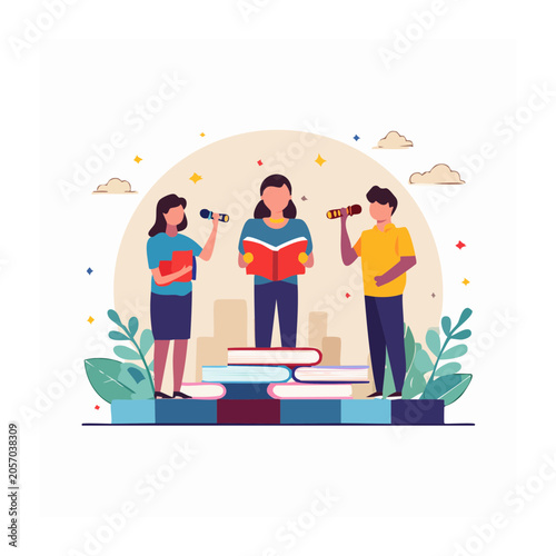 People reading books and singing with microphones