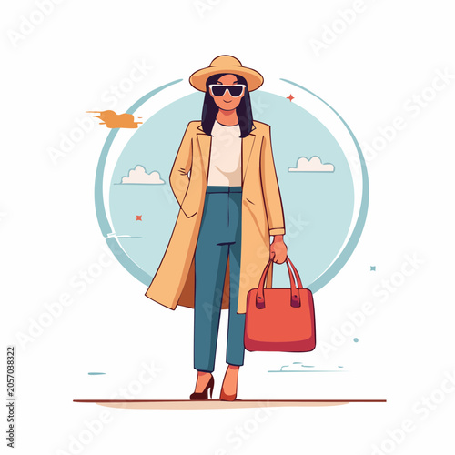 Stylish Woman in Trench Coat and Hat Holding a Bag