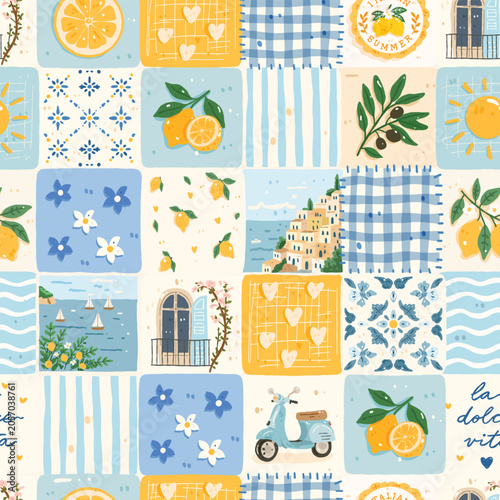 Mediterranean Lemon and Coastal Tile Seamless Pattern in Blue and Yellow Pastel Colors