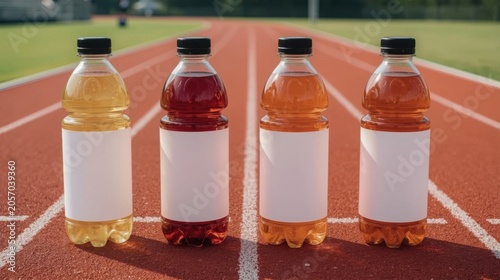 Bottles of colorful energy drinks with blank white labels stand in a neat row on a red outdoor running track, representing hydration and athletic performance for active individuals.