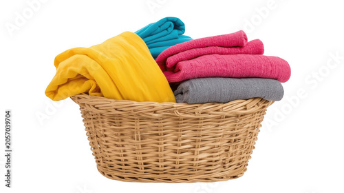 Basket woven from natural wicker holds a selection of vibrant folded fabric items that sit centrally to represent household organization and the completion of daily laundry tasks in a home.