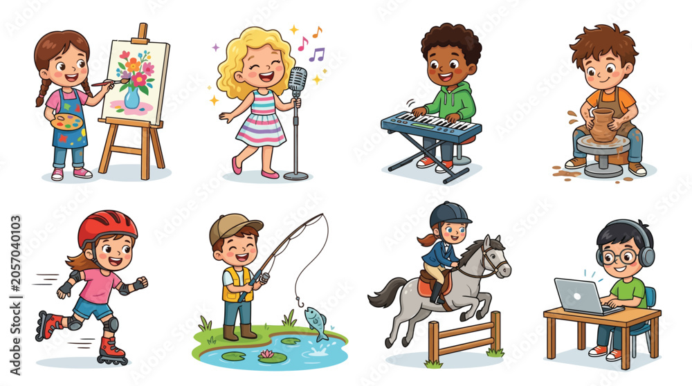 Fototapeta premium Colorful vector illustration set depicting diverse children engaged in various creative hobbies and fun activities
