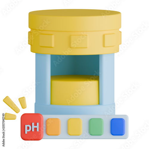 Urine Container with pH Dipstick Test Strip for Urinalysis Laboratory Diagnostic. 3d illustration.