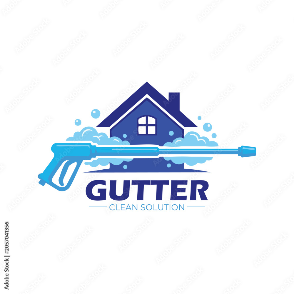 Fototapeta premium Modern logo featuring blue house with bubbles and pressure washer symbolizing professional gutter cleaning water flow and home maintenance service