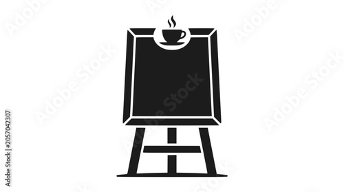 Artist easel holding canvas with coffee cup icon.