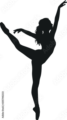Artistic silhouette of a ballerina in high kick pose.