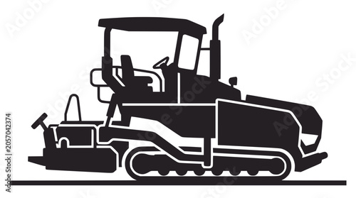 Asphalt paver machine silhouette on black background.