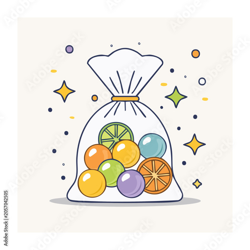 Flat design bag of colorful candy and fruit slices