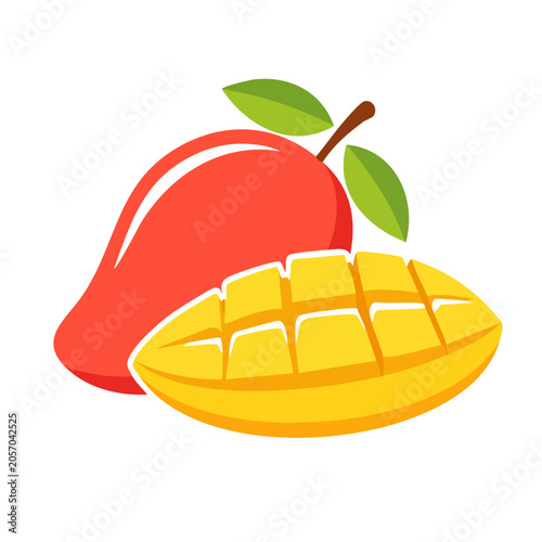 Flat design icon of a whole and sliced mango with leaves