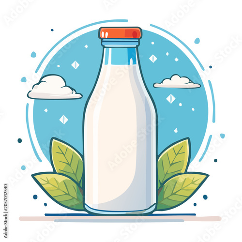 Flat design illustration of a milk bottle with leaves and clouds