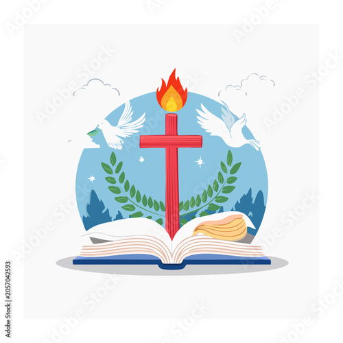Open Bible with Red Cross and Doves