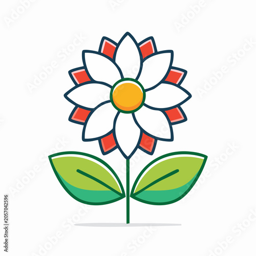 Stylized Flower Icon with White Petals and Green Leaves