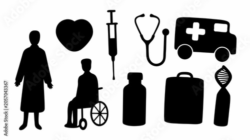Set of medical and healthcare icons, black silhouettes of doctor, patient in wheelchair, heart, syringe, stethoscope, ambulance, medicine bottle, bag and dna