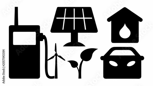 Set of icons representing renewable energy sources and sustainable living including solar panel, wind turbine, electric vehicle charging station and eco house