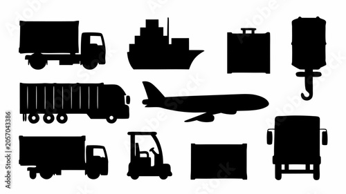 Logistics and transportation icons set, cargo truck, ship, airplane, forklift, shipping container and crane hook silhouettes