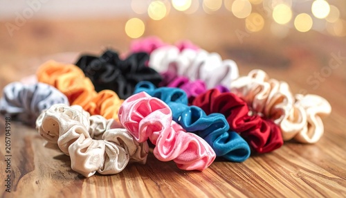 Assorted satin scrunchies in various colors arranged on wooden surface, symbolizing fashion, texture, and creativity in stylish accessory composition.