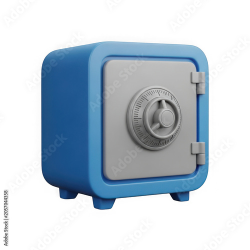 Blue digital illustration of a combination lock safe with dial transparent background