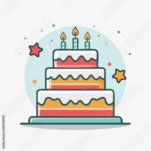 Three Tier Birthday Cake with Candles and Stars