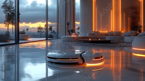 Modern interior with robotic vacuum cleaner at dusk