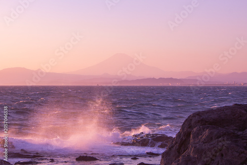 Beautiful sunset at Chigogafuchi in Autumn. Enoshima Island, Kanagawa Prefecture, Japan