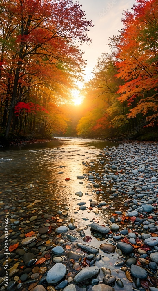 Naklejka premium Autumn forest path with golden sunlight and fallen leaves.