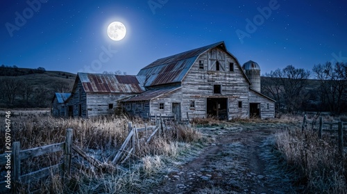 Abandoned Farmhouse Under Full Moon at Night.