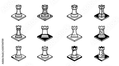 Tableau sur toile Collection of chess rook icons, isometric view, simple line art, black and white