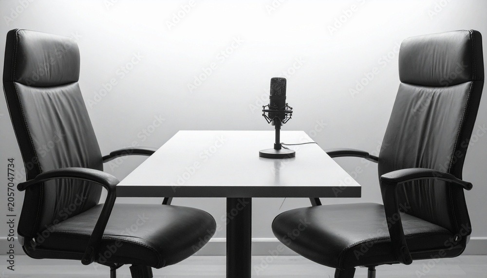 Fototapeta premium Minimalist setup with two black office chairs opposite white rectangular table, single microphone on stand centered, plain well-lit background, professional clean atmosphere symbolizing dialogue, podc