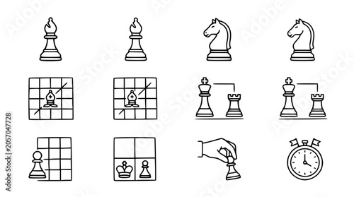 Fotografie Chess Game Icons: Strategy, Pieces, Board and Stopwatch - Vector Illustration