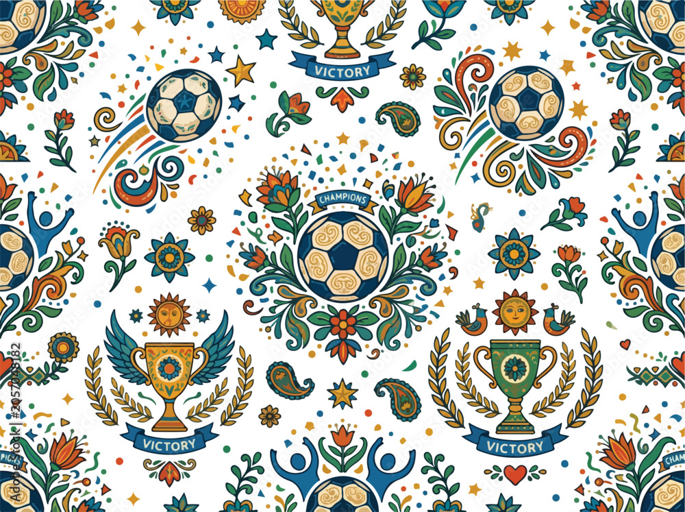 Fototapeta premium Vibrant floral pattern with soccer ball and trophy designs on white background