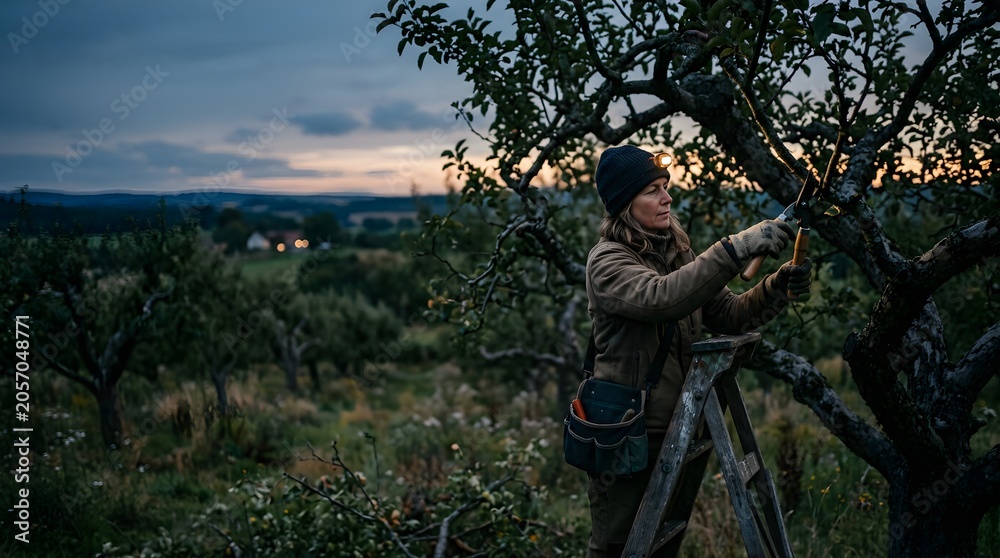 Fototapeta premium Woman pruning fruit tree in orchard at dusk wearing headlamp on ladder