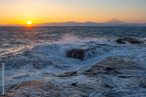 Beautiful sunset at Chigogafuchi in Autumn. Enoshima Island, Kanagawa Prefecture, Japan