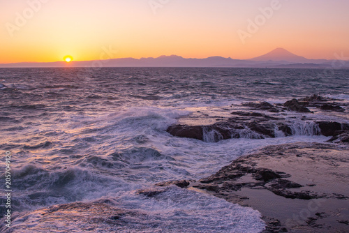 Beautiful sunset at Chigogafuchi in Autumn. Enoshima Island, Kanagawa Prefecture, Japan
