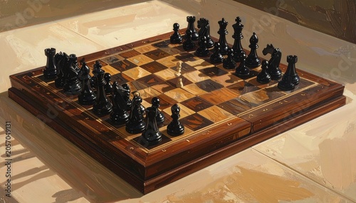 Chessboard with alternating black white squares, wooden decorative frame, pieces arranged in initial positions, symbolic representation of strategy, planning, foresight, tactical skill, intellectual c