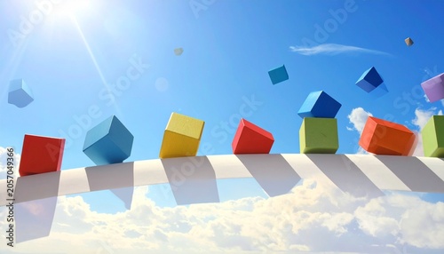 Colorful cubes red yellow green blue floating above curved white surface under bright blue sky with scattered clouds and shining sun, surreal contrast of geometry and nature, symbolic representation o