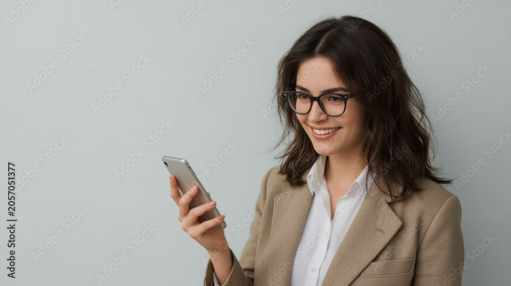 Fototapeta premium Smiling female entrepreneur checking smartphone with confidence and warm expression