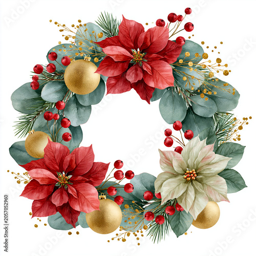 Christmas wreath with greenery foliage red berries and gold accents showcasing festive holiday decor and elegant seasonal design