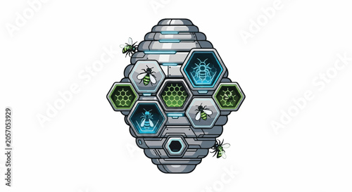 An illustration showcases a detailed beehive with various hexagonal cells containing different symbols and surrounded by buzzing bees.
