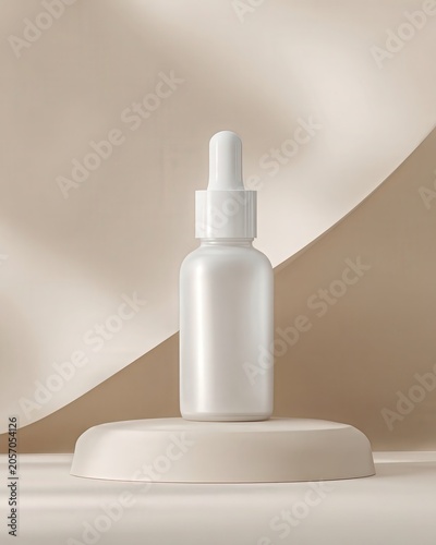 Minimalist white dropper bottle displayed on a circular platform with soft beige and cream background.