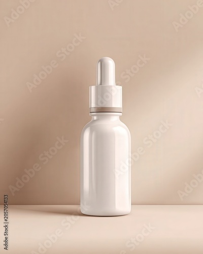 A sleek, white dropper bottle on a beige background, ideal for skincare or cosmetic products.