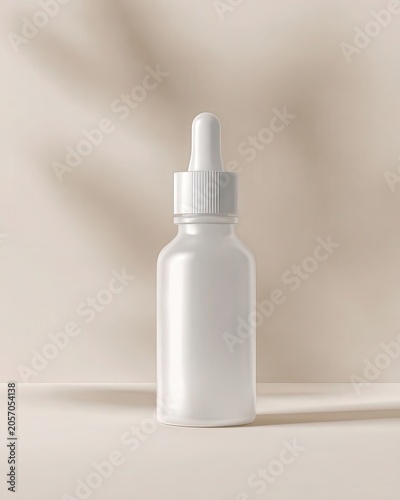 A minimalist white dropper bottle stands on a smooth surface against a soft beige background, ideal for skincare or cosmetic products.