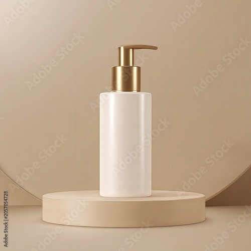 A sleek, white pump bottle with a gold dispenser sits centered on a beige podium against a minimalistic beige background.