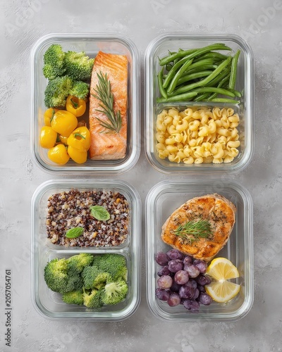 Four glass meal prep containers filled with healthy foods including salmon, chicken, broccoli, green beans, pasta, quinoa, grapes, peppers, and lemon wedges.