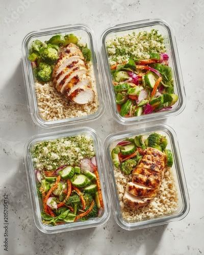 Four glass meal prep containers with grilled chicken, brown rice, broccoli, and fresh mixed vegetable salads arranged on a kitchen counter.