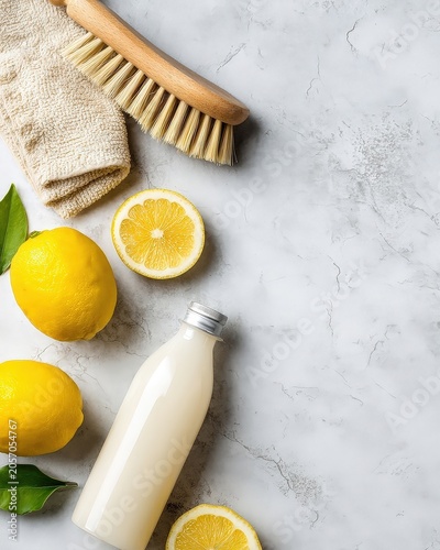 Natural cleaning supplies including fresh lemons, a scrubbing brush, a towel, and a bottle of liquid cleaner on a gray marble surface.