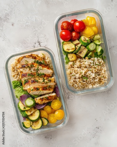 Two glass meal prep containers with grilled chicken, brown rice, cherry tomatoes, and assorted grilled vegetables on a light surface.