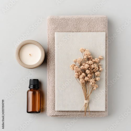 A flat lay of a spa set featuring a beige towel, dried flowers on textured fabric, a small amber essential oil bottle, and a white candle in a wooden holder.